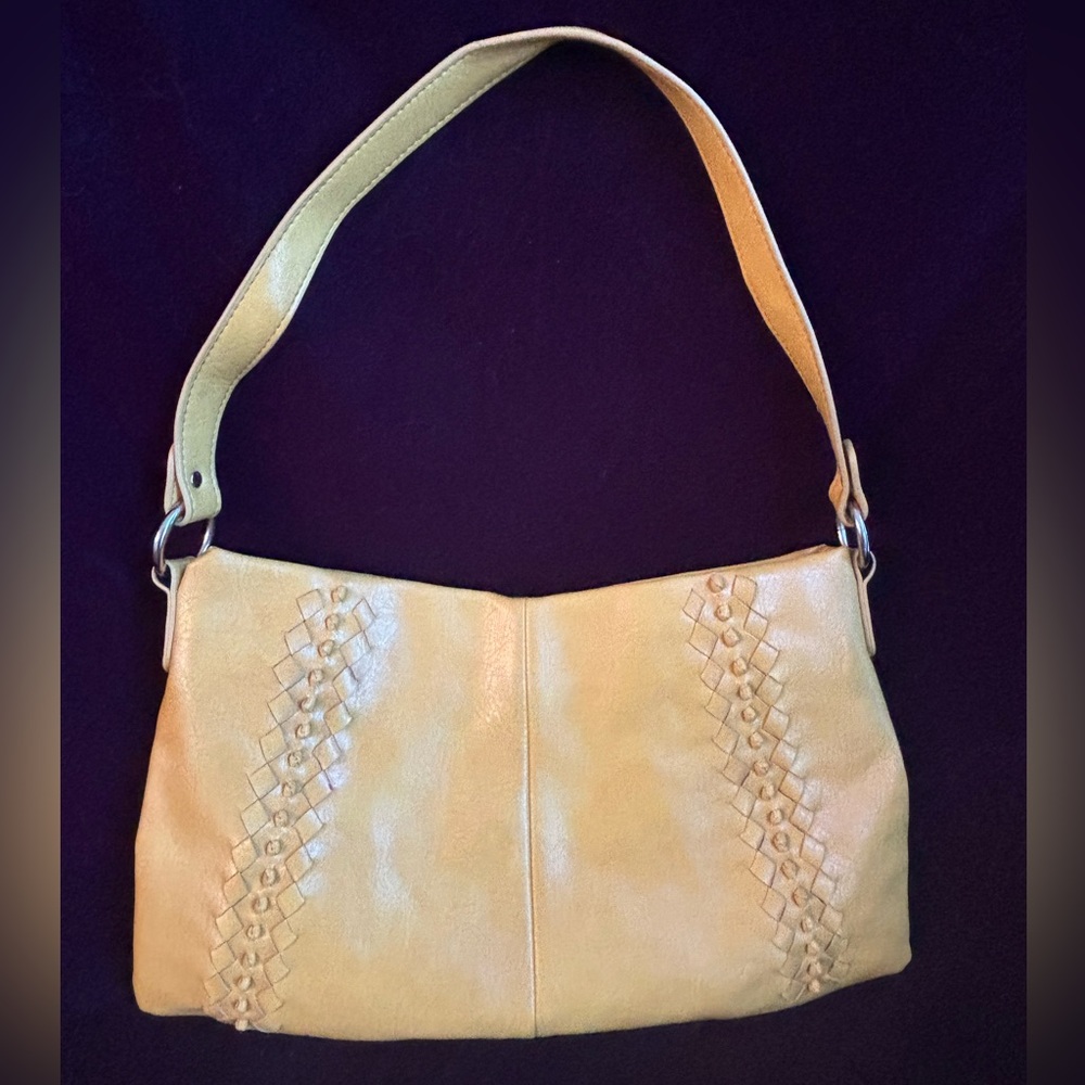 NEW YORK & CO Purse in Mustard/Tan Color Faux Leather with woven/braided accents
